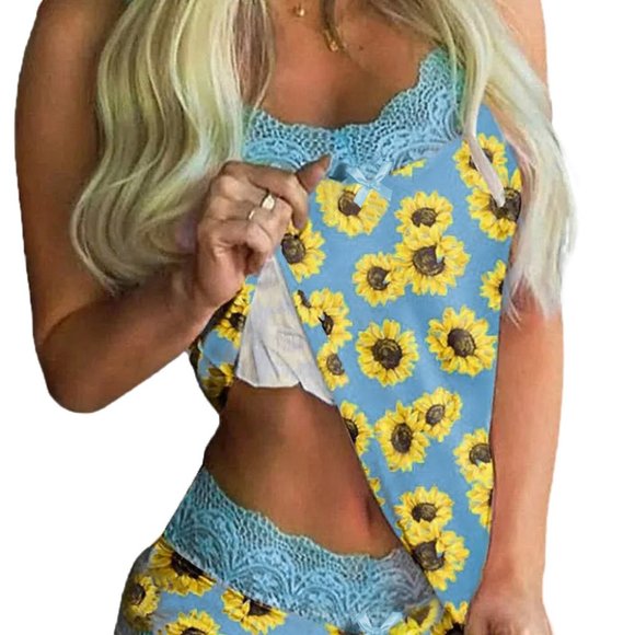 Blue Lace Trim Sunflower Tank & Shorts Pajamas set - Picture 5 of 5